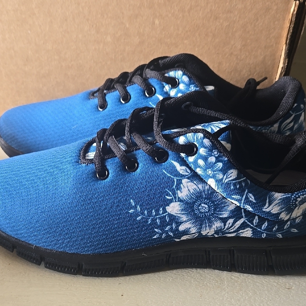 New Custom Made Vibrant Blue Floral Lace-Up Sneakers